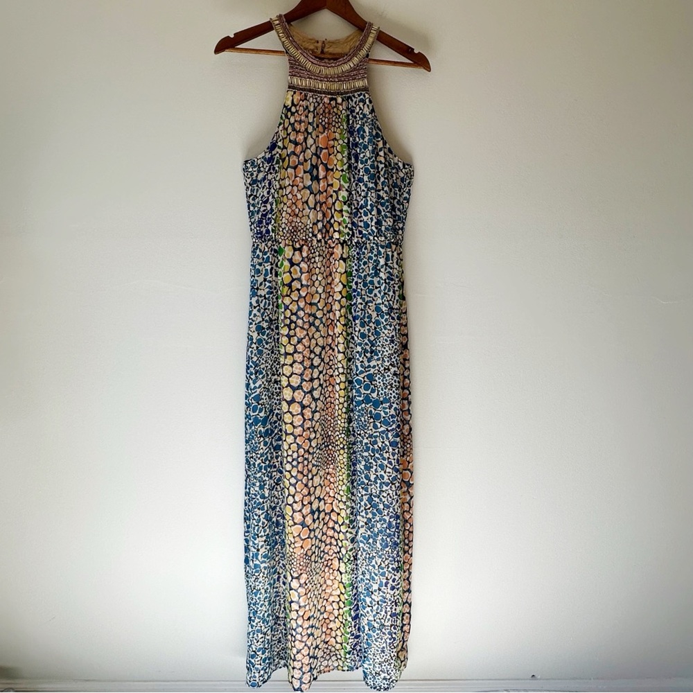 Charlie Jade Beaded Halter Neck Blue Green Colorful Party Maxi Dress, size M - Picture 8 of 16